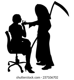 Vector silhouette of a woman with the Grim Reaper on a white background.