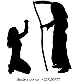 Vector silhouette of a woman with the Grim Reaper on a white background.