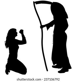 Vector silhouette of a woman with the Grim Reaper on a white background.