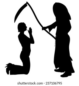 Vector silhouette of a woman with the Grim Reaper on a white background.