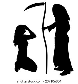 Vector silhouette of a woman with the Grim Reaper on a white background.
