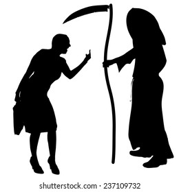 Vector silhouette of a woman with the Grim Reaper on a white background.
