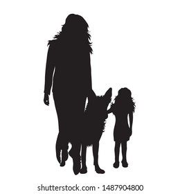 Vector silhouette of woman with her daughter and dog on white background. Symbol of family, mother, daughter, animal, pet.