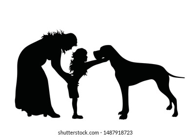 Vector silhouette of woman with her daughter and dog on white background. Symbol of family, mother, daughter, animal, pet.