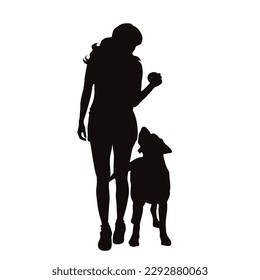 Vector silhouette of woman with her happy dog on white background. Symbol of pet and sport.