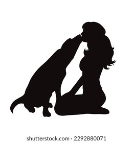 Silueta vectorial de mujer con su perro feliz de fondo blanco. Símbolo de mascota y canino.