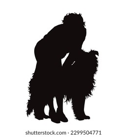 Vector silhouette of woman with her happy dog on white background. Symbol of pet and canine.