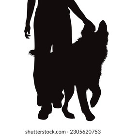 Vector silhouette of woman with her happy dog on white background. Symbol of pet and canine.