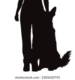 Vector silhouette of woman with her happy dog on white background. Symbol of pet and canine.