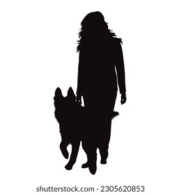 Vector silhouette of woman with her happy dog on white background. Symbol of pet and canine.