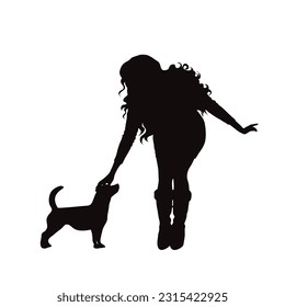 Vector silhouette of woman with her happy dog on white background.