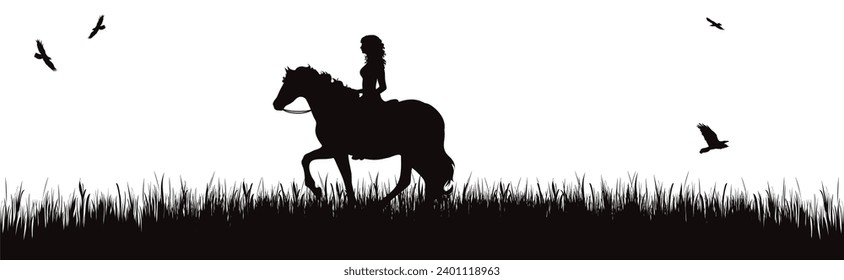 Vector silhouette of woman with her horse in park. Symbol of nature and horse riding.