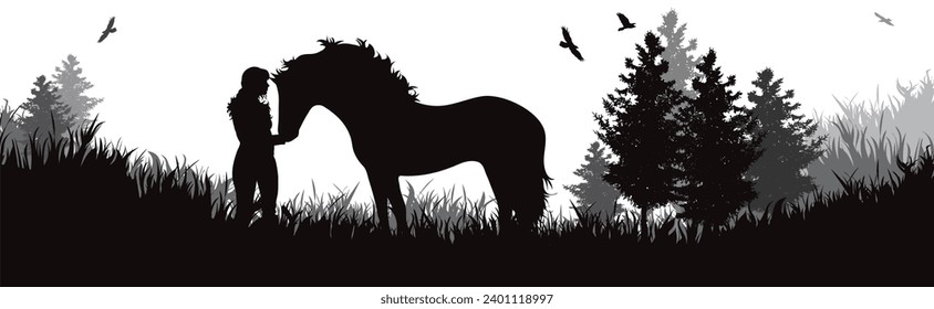 Vector silhouette of woman with her horse in park. Symbol of nature and horse riding.