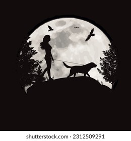 Vector silhouette of woman with his happy dog on moon background. Symbol of night and pet.