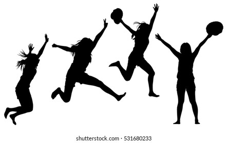 Vector silhouette of woman hold the hat who jump on white background.