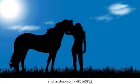 Vector silhouette of woman with horse on a meadow.