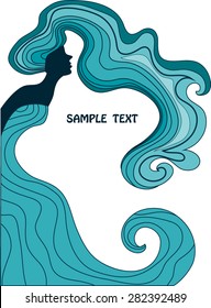 Vector silhouette of a woman with long hair and a long dress like a wave