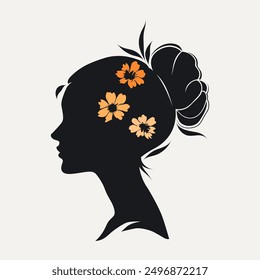 vector silhouette of woman looking sideways. the woman's head is filled with blooming flowers. beautiful female silhouette