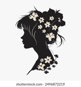 vector silhouette of woman looking sideways. the woman's head is filled with blooming flowers. beautiful female silhouette