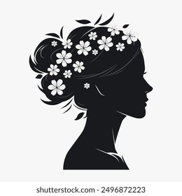 Silueta de Vector de la mujer mirando de lado. La cabeza de la mujer está llena de flores florecientes. hermosa silueta femenina