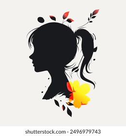 vector silhouette of woman looking sideways. the woman's head is filled with blooming flowers. beautiful female silhouette