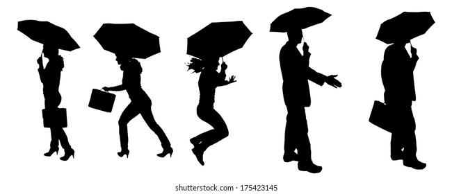 Vector silhouette of a woman and man with an umbrella on a white background.