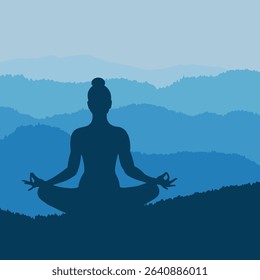 Vector silhouette of a woman meditating in lotus pose against a layered blue mountain landscape. Calm and harmonious scene symbolizing balance, clarity, and inner peace. Ideal for wellness, yoga, mind
