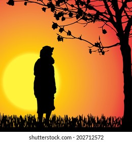 Vector silhouette of a woman in nature. 