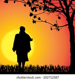 Vector silhouette of a woman in nature. 