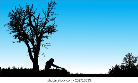 Vector silhouette of woman in nature along the beautiful days.