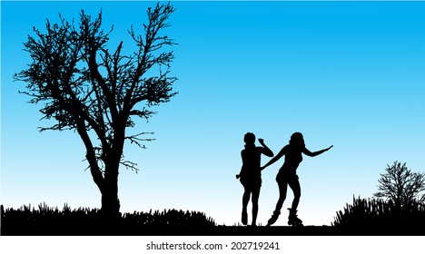 Vector silhouette of woman in nature along the beautiful days.