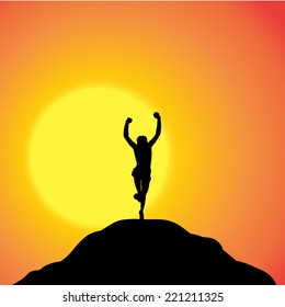 Vector silhouette of a woman in nature at sunset.