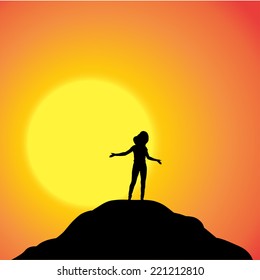 Vector silhouette of a woman in nature at sunset.