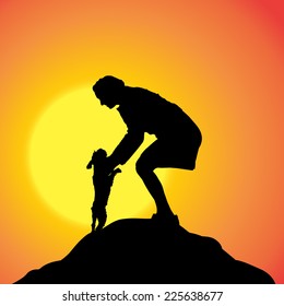 Vector silhouette of a woman in nature at sunset.