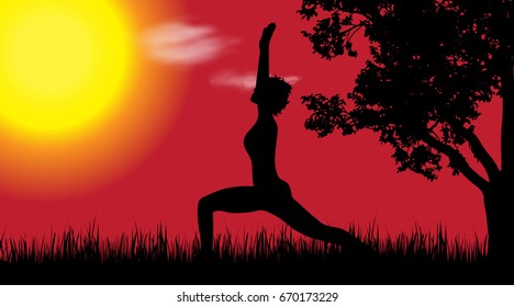 Vector silhouette of woman in nature at sunset.