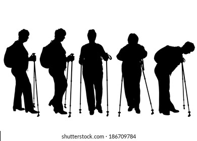 Vector silhouette of woman with Nordic walking.
