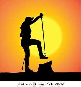 Vector silhouette of woman with Nordic walking.