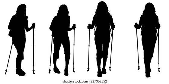 Vector silhouette of woman with Nordic walking.