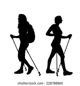 Vector silhouette of woman with Nordic walking.