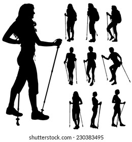 Vector silhouette of woman with Nordic walking.