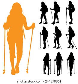 Vector silhouette of woman with Nordic walking.