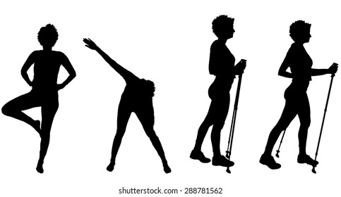 Vector silhouette of a woman with Nordic walking.