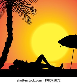 Vector silhouette of woman on beach at sunset. 