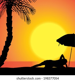 Vector silhouette of woman on beach at sunset. 