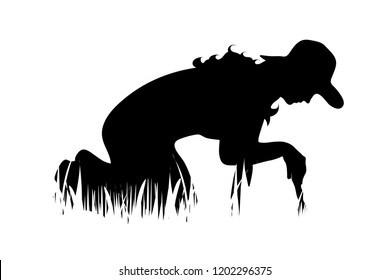 Vector silhouette of woman on the garden on white background.