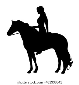 vector silhouette of a woman on horseback on white background.