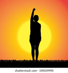 Vector silhouette of woman on a orange background.