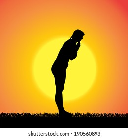 Vector silhouette of woman on a orange background.