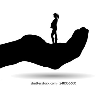 Vector silhouette of a woman on palm on white background.