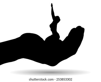 Vector silhouette of a woman on palm on white background.